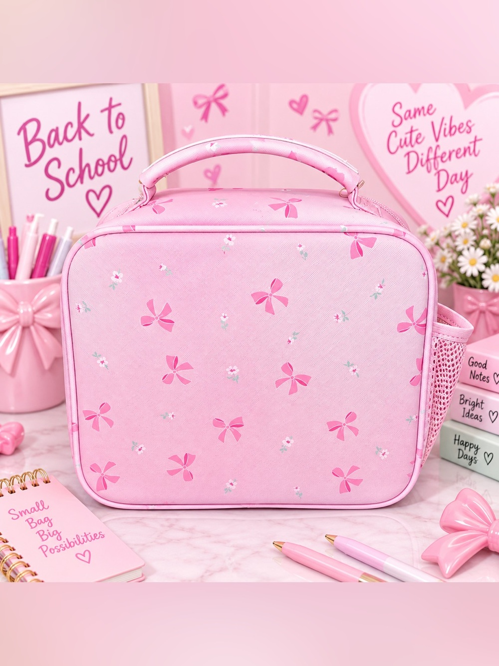 Girls Lunch Tote with Pink Bow & Heart Accents - Picture 2 of 2